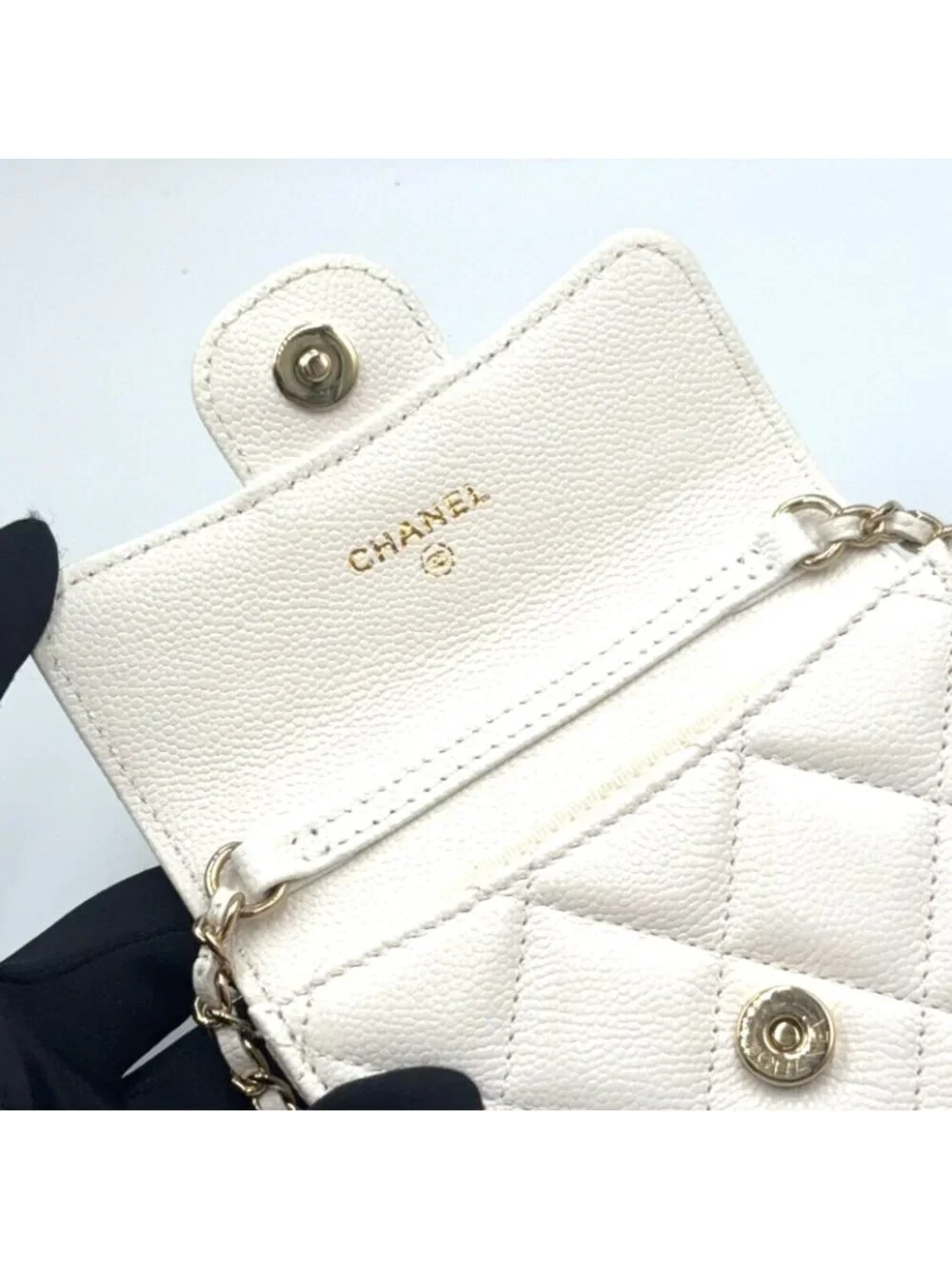 Chanel Quilted Mini Chain Random Caviar Leather White Wallet Gold